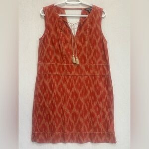 Toad&Co Rust Ikat Sleeveless Shift Dress Sz M Tassels Tie V-Neck